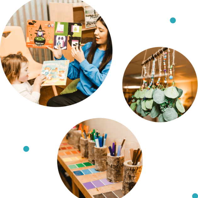 A teacher reads a picture book to a child, craft materials and colored swatches are displayed, and handmade leafy decorations hang nearby.
