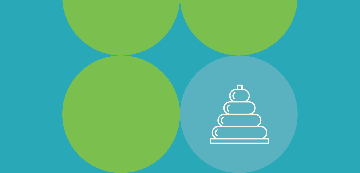 Illustration of four overlapping circles on a blue background, with a white outline of a stackable ring toy inside the lower right circle.